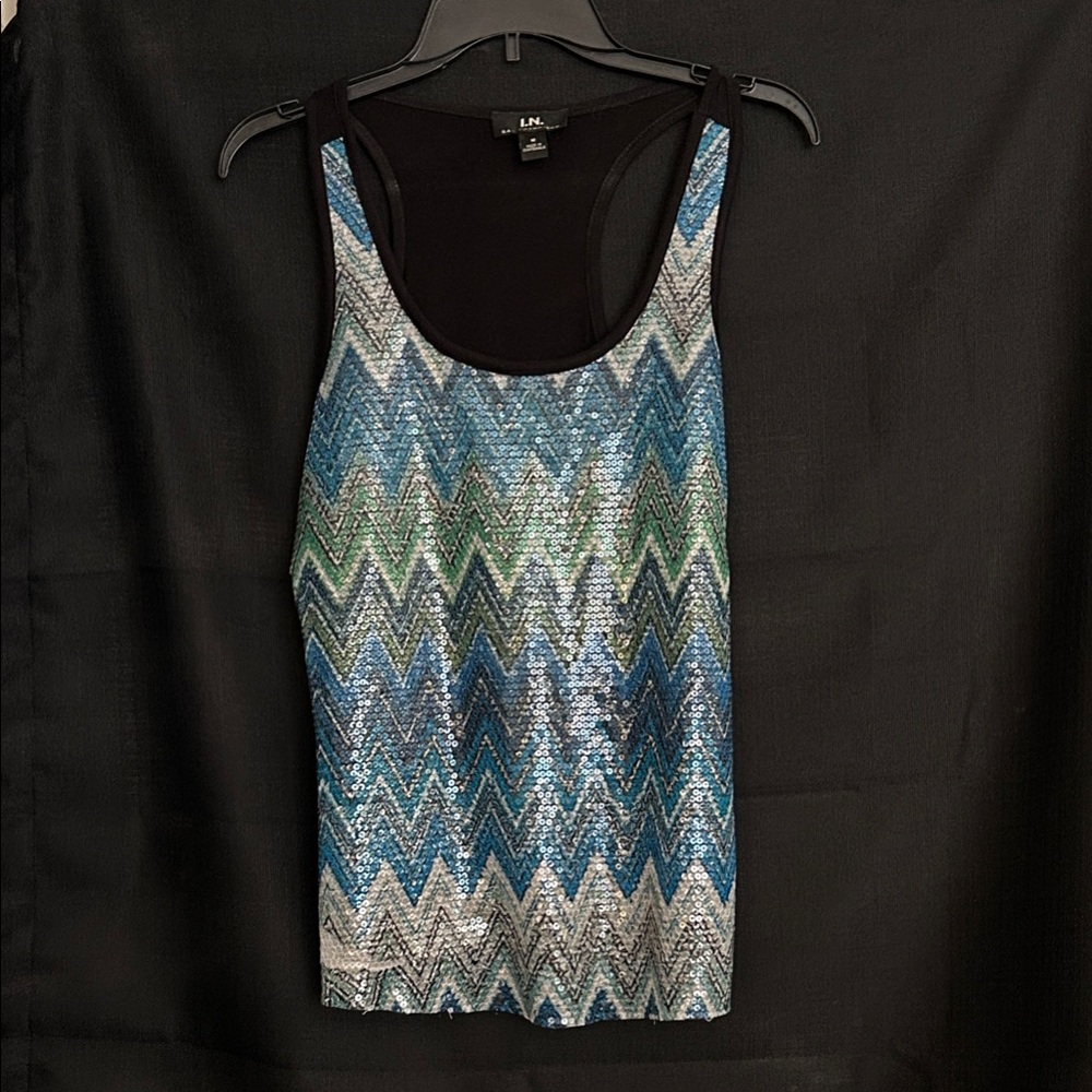 I.L. San Francisco Blue and Green Zigzag Sequin Tank Top